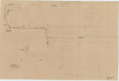 En teknisk detaljtegning som viser en snitt- eller planutsnitt av en konstruksjon, sannsynligvis en trapp eller en vegg med innbygget trapp, med håndtegnede notater og dimensjoner.