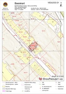 Situasjonsplan (Basiskart) som viser eiendomsgrenser, høydekurver, bygninger og registrerte tiltak for en tomt i Bergen.