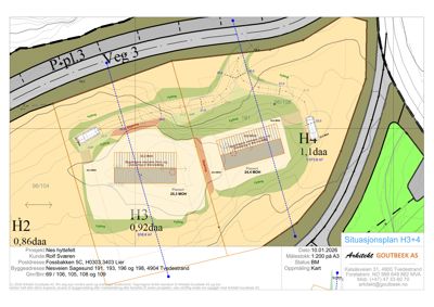 Situasjonsplan som viser tomtens form, grenser, høydemålinger (MØH), fyllingsområder, og plassering av bygninger (H2, H3, H4) i forhold til veier og nabotomter.