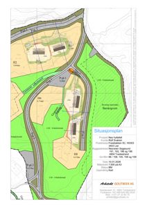 Situasjonsplan som viser tomtedeling, vegsystem, beplantning og byggeplasser for et nytt hyttefelt.