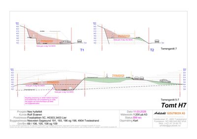 Situasjonsplan (terrensnitt) som viser høydekurver, terrengform, plassering av kjøretøy og planlagt plassering av bygninger.