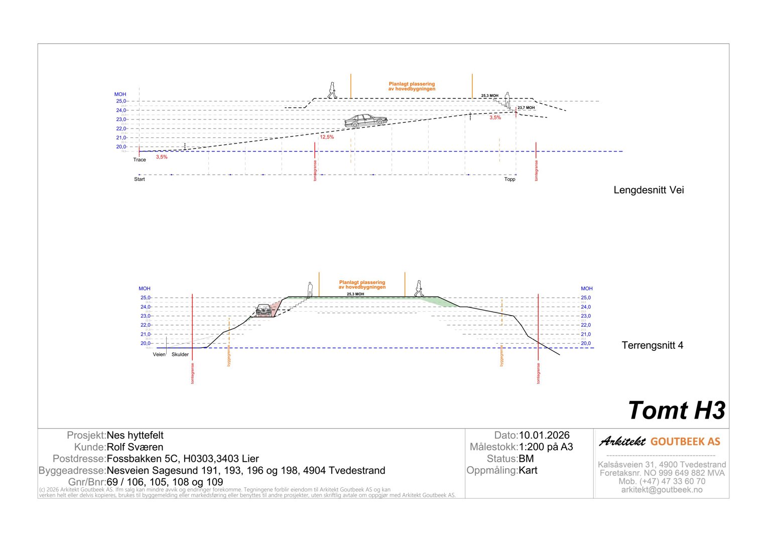 Snittegning som viser lengdesnitt av vei og terrengsnitt for Tomt H3 i Nes hyttefelt.