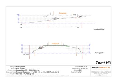 Snittegning som viser lengdesnitt av vei og terrengsnitt for Tomt H3 i Nes hyttefelt.