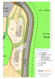 Situasjonsplan som viser tomtens form, grenser, bebyggelse og omgivende infrastruktur.