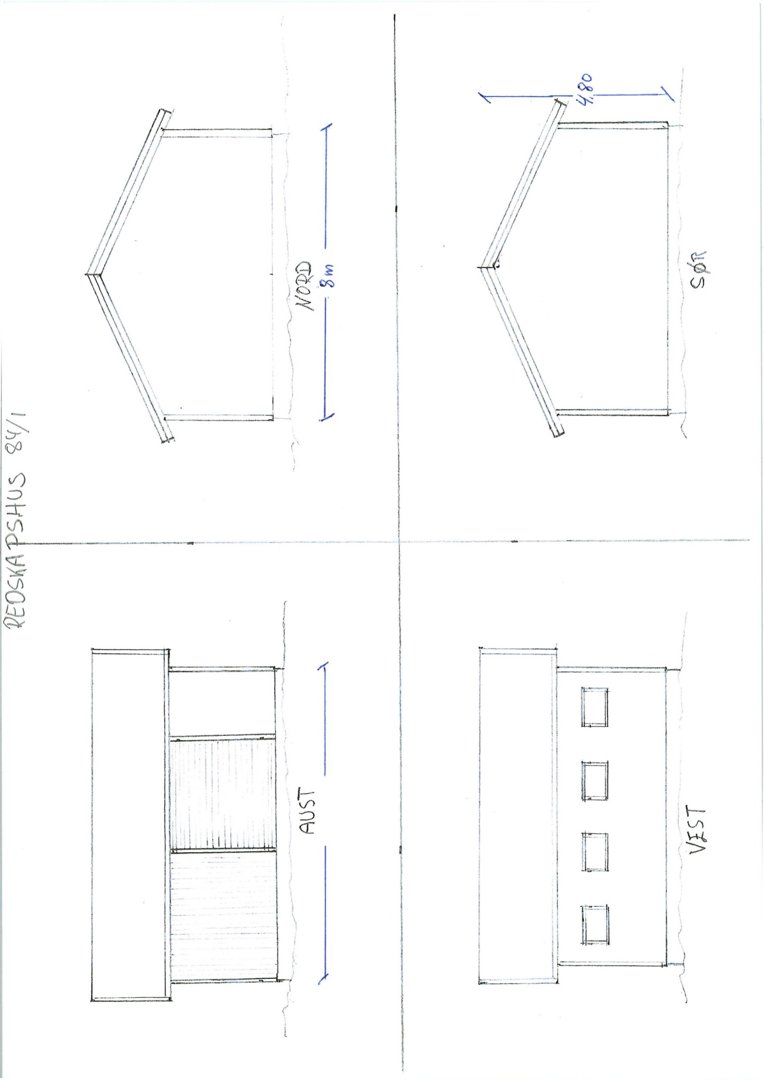 Fasadetegning som viser bygningens utseende fra fire sider (Nord, Sør, Aust og Vest) med mål og vindusoppsett.