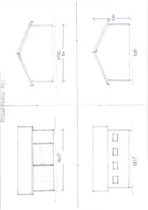 Fasadetegning som viser bygningens utseende fra fire sider (Nord, Sør, Aust og Vest) med mål og vindusoppsett.