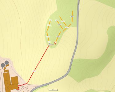 Situasjonsplan som viser terrengform (konturlinjer), en vei, og en markert rute (rød prikket linje) med høydemål langs ruten.
