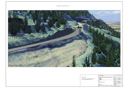 3D-visualisering av et landskap med vei og bygninger, sannsynligvis en del av en byggesak eller planleggingsprosess.