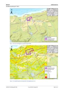 Dokumentet viser to kart (Figur 1 og Figur 2) som illustrerer kartleggingsområdet og terrenghelning for en skredfarevurdering.