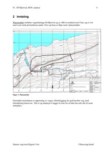 Et kart som viser et planområde med topografi, veier og en markert grense (svart strek).