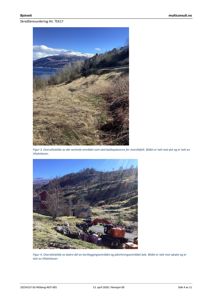 Dokumentet inneholder to foton som viser et terrengområde med fjell og vann i bakgrunnen. Bildene er beskrevet som oversiktsbilder av et område som skal utredes for skredfare.