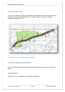 Et kart som viser et skravur over anlegg- og riggområder (A1, A2) i forhold til en vei og terrengforhold.
