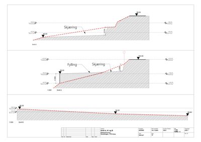 Snittegning som viser terrengform, skjæring og fylling med høydemål.
