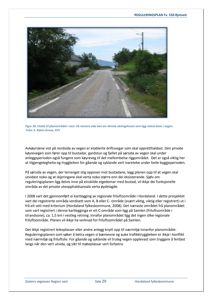 Fotografi av en vei i et planområde med skog og en bygning i bakgrunnen.