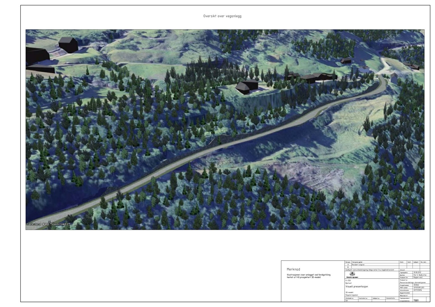 3D-visualisering (rendering) som viser et vognlegg med veier og bygninger i et skogkledt terreng.