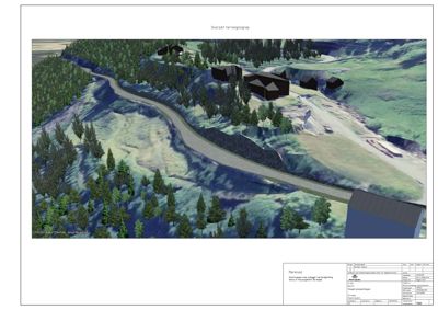3D-visualisering (rendering) av et terrengprosjekt med vei og bygninger.
