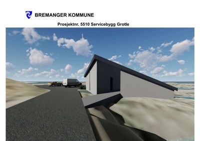 3D-visualisering av et servicebygg ved kysten med bil og vei.