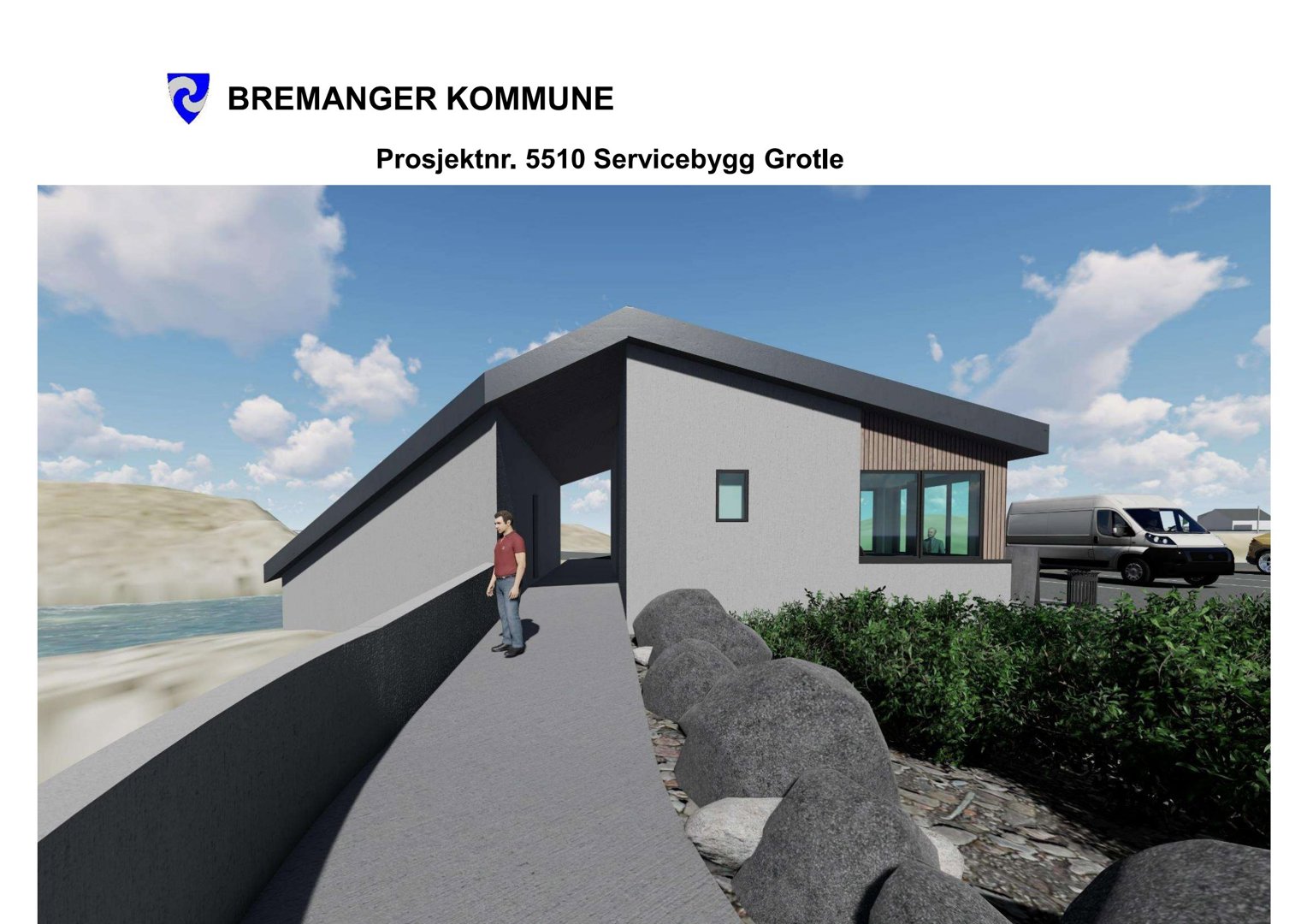 3D-visualisering av et servicebygg i Bremanger kommune, sett fra utsiden med omgivelsene inkludert.