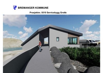 3D-visualisering av et servicebygg i Bremanger kommune, sett fra utsiden med omgivelsene inkludert.