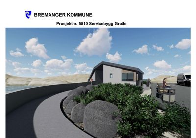 3D-visualisering av et servicebygg ved kysten med omgivende landskap, møbler og personer.