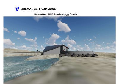 3D-visualisering av et servicebygg ved kysten i Bremanger kommune.