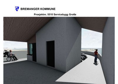 3D-visualisering av fasade og inngang til Servicebygg Grotle i Bremanger kommune, med personer for skala.