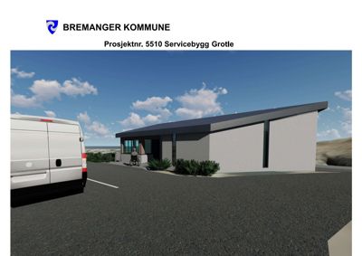 3D-visualisering av et planlagt servicebygg (Prosjektnr. 5510) sett fra utsiden, inkludert omgivelser som bilplassering og vegetasjon.