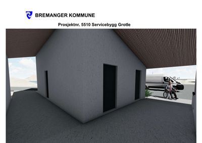 3D-visualisering av fasaden på et servicebygg med en person i rullestol og en bil i bakgrunnen.