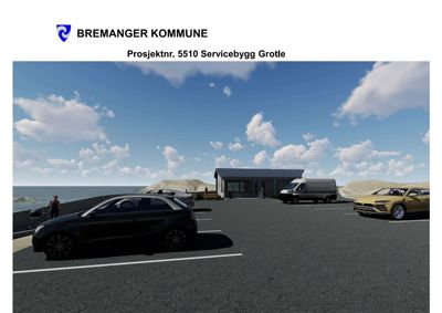 3D-visualisering av et servicebygg ved kysten med parkeringsplass og bilmerker.