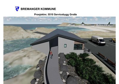 3D-visualisering av et planlagt servicebygg ved kysten, inkludert omgivelsene, bil og person.