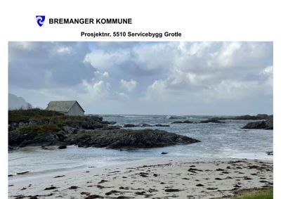 Fotografi av et kystlandskap med en liten hytte, bratt kystlinje og hav. Bildet er trolig et omslagsbilde eller illustrasjon for prosjektet 'Servicebygg Grotle'.