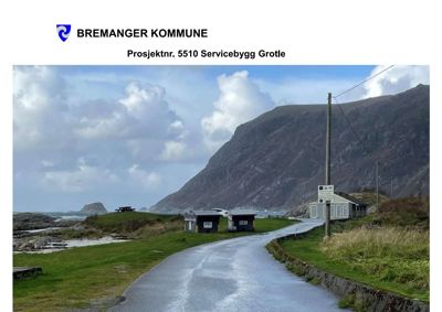 Fotografi av eksisterende Servicebygg Grotle i Bremanger kommune, inkludert omgivelsene.