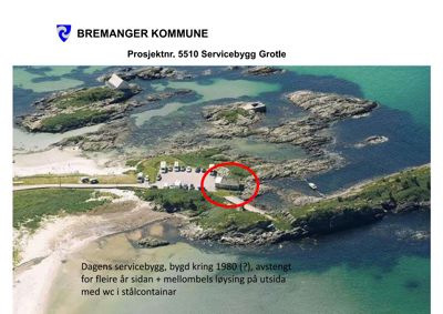 Luftfoto av Grotle med dagens servicebygg markert med rød sirkel.