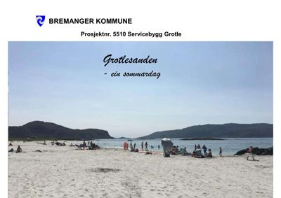 Fotografi av Grotlesanden strand på en sommardag, inkludert overskrift og kommunens logo.