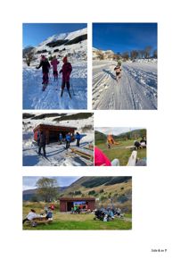 En samling av fem fotografier som viser aktiviteter rundt en hytte i vinter- og sommermiljø.