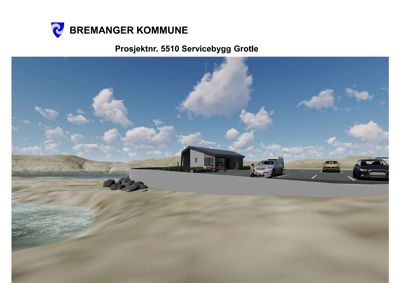 3D-visualisering av et planlagt servicebygg ved Grotle i Bremanger kommune, inkludert omgivelsene, parkeringsplass og kjøretøy.