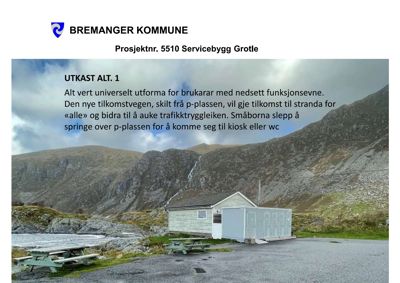 Fotografi av et eksisterende servicebygg ved kyst med tekstdokumentasjon om utkast til tiltak.