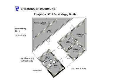 En planteikning (etasjeplan) for et servicebygg i Grotle, som viser romfordeling, arealer og funksjoner.