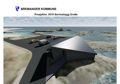3D-visualisering av et servicebygg ved kysten med parkeringsplass og omgivende landskap.