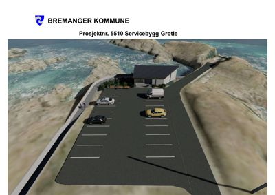 3D-visualisering av et servicebygg med parkeringsplasser og omgivende natur ved kysten.