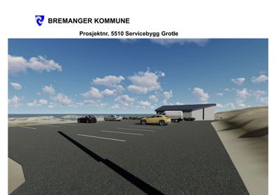 3D-visualisering av et servicebygg med parkeringsplass og omgivelsene (strand/hav).