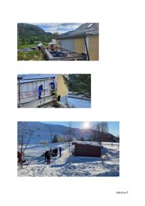 Tre fotografier som viser byggeprosessen på en hytte i ulike stadier (grunnarbeid, fasadebehandling og snøforhold).