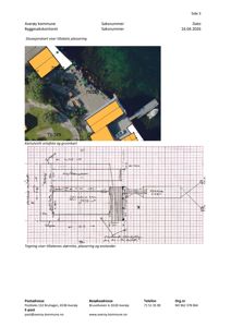 Bildet viser en situasjonsplan (ortofoto med overlagte bygninger) og et kortutsnitt snittfoto/grunnkart som illustrerer plassering, størrelse og avstander for tiltaket.