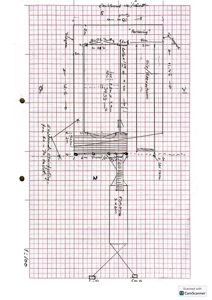 En håndtegnet konstruksjonstegning (snitt) som viser detaljer for en betongkonstruksjon, inkludert dimensjoner og armering.