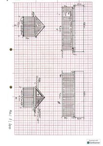 Håndtegnet fasadeopprikk (fra front og side) med mål for en liten hytte eller uthus.