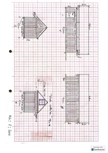Håndtegnet detaljtegning av en liten hytte eller uthus, vist med både fasade- og snittutsnitt, med mål og notasjoner.
