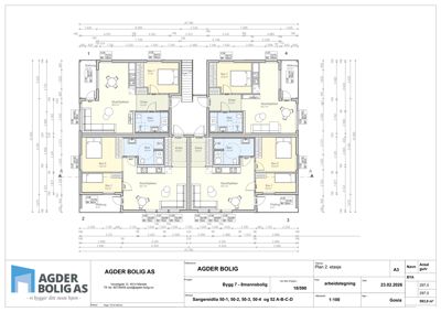 Etasjeplan for 2. etasje i en 8-mannsbolig, som viser romfordeling, størrelser og plassering av leiligheter.