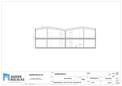 Snittegning (Snitt A) som viser bygningens tverrsnitt, høyder og konstruksjon.