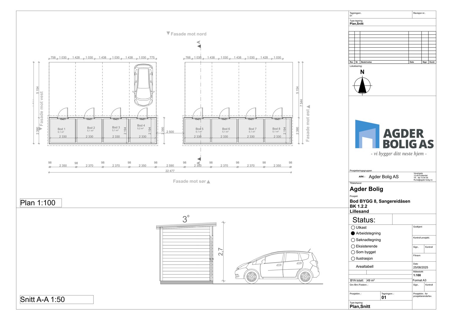 Bildet viser en fasadetekning (opprikk) for en bolig, inkludert mål på fasadene mot nord, øst, vest og sør, samt et snitt (Snitt A-A) av en garasje.