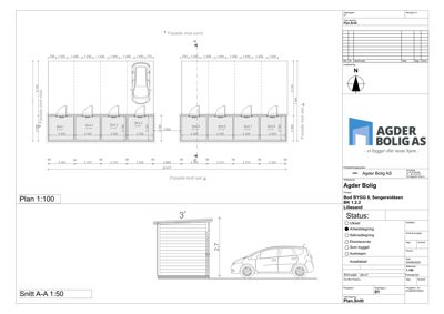 Bildet viser en fasadetekning (opprikk) for en bolig, inkludert mål på fasadene mot nord, øst, vest og sør, samt et snitt (Snitt A-A) av en garasje.